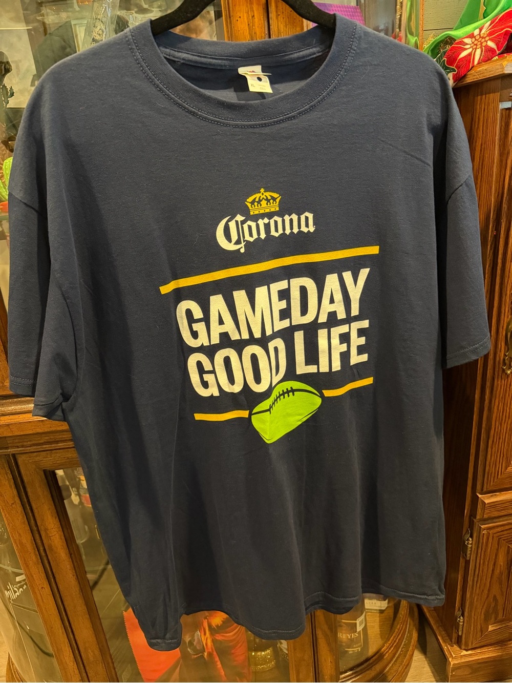 Fruit of the Loom Navy T-Shirt with Yellow and Lime Green Print Corona Print